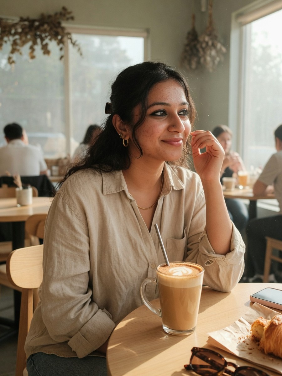 Cafe lifestyle — same AI persona, different scene